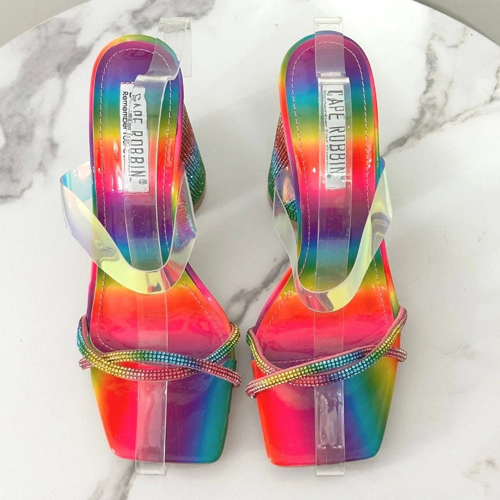 Cape Robbin Beatrizia Rainbow Rhinestone Block Heels Pink Mesh Leggings Set 8.5‎
